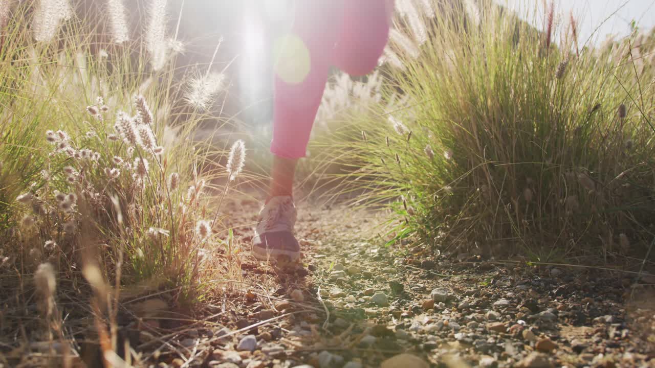 Low section of mixed race woman exercising running in a field in countryside