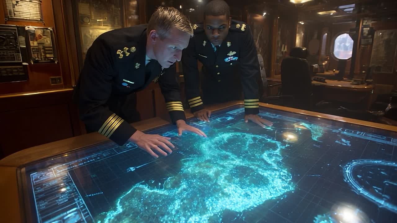 Navy officers analyze tactical map in command center during night watch