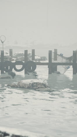 snowy winter dock scene