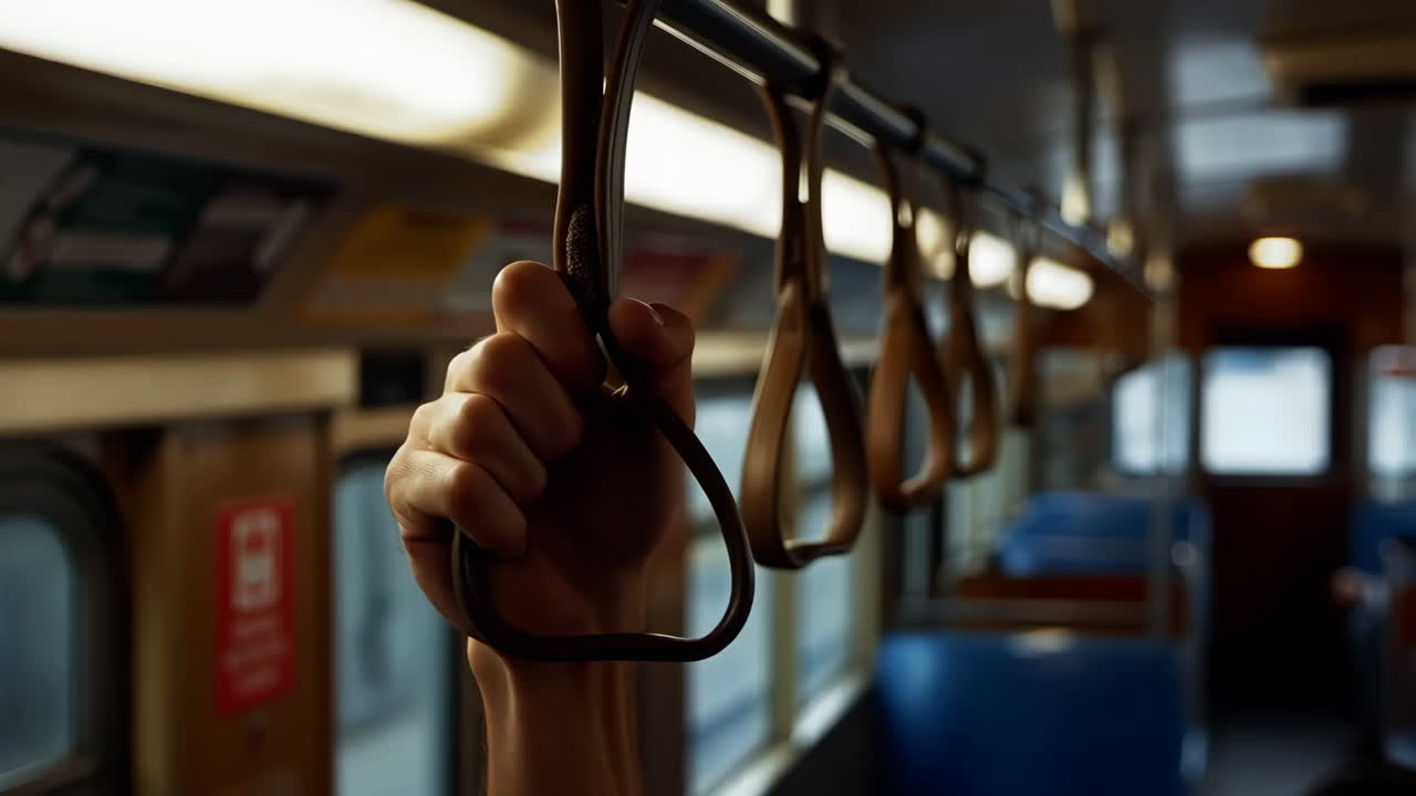 Hand holding onto a subway handle
