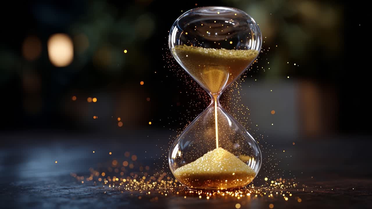 Golden sand flows through glass hourglass. Dust glimmers against dark wooden surface. Soft bokeh lights frame the passing time. Stillness holds a sense of urgency and beauty