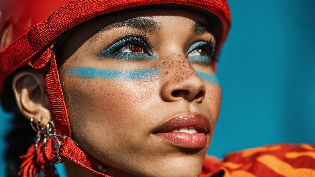 Ein beeindruckendes Porträt einer selbstbewussten jungen Frau mit einem auffälligen Helm, die ein dramatisches Make-up mit kräftigen blauen Akzenten trägt und vor einem farbenfrohen Hintergrund Stärke und Entschlossenheit ausstrahlt