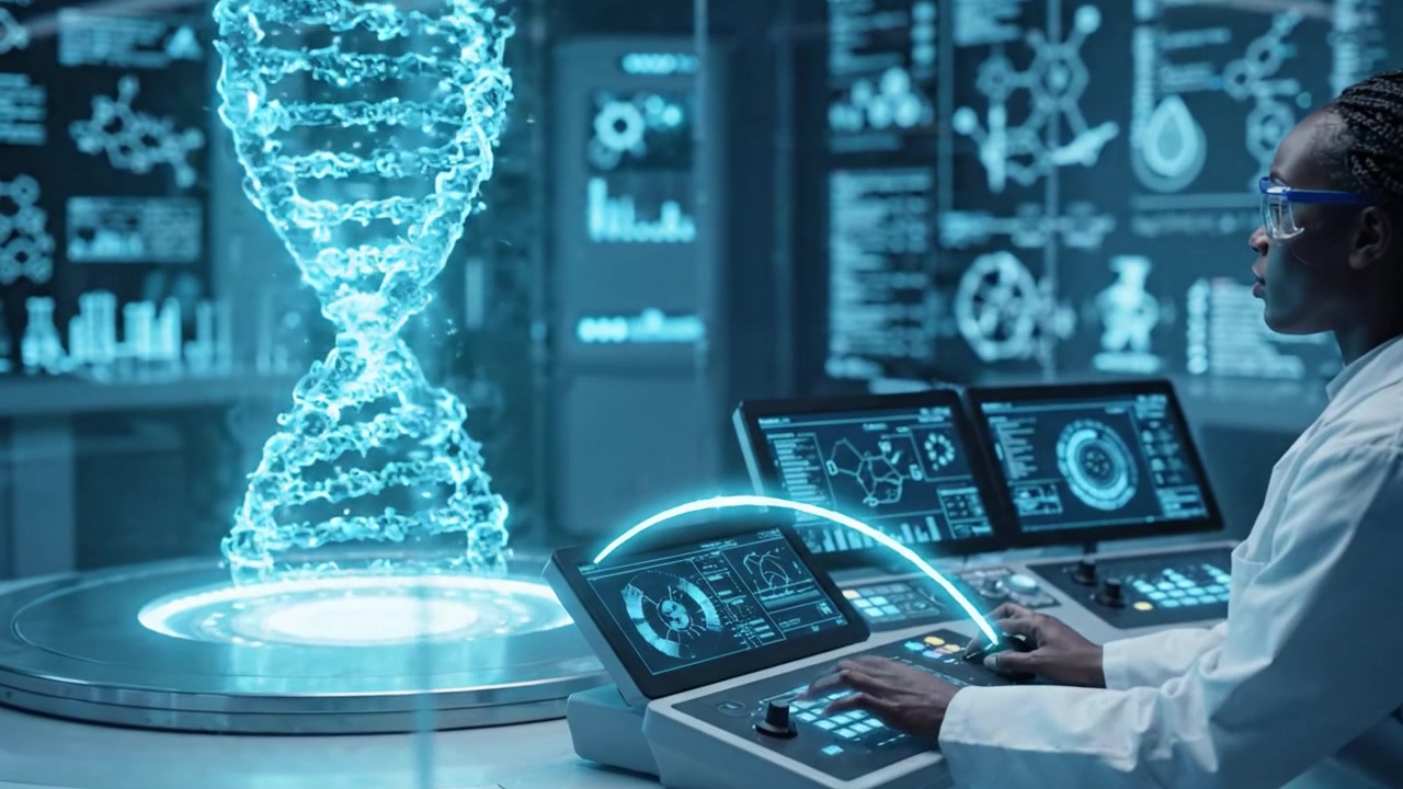 Scéna z pokročilé laboratoře s vědcem ovládajícím špičkový kontrolní panel, zatímco pozoruje rotující DNA šroubovici ve vysoce technologickém prostředí.
