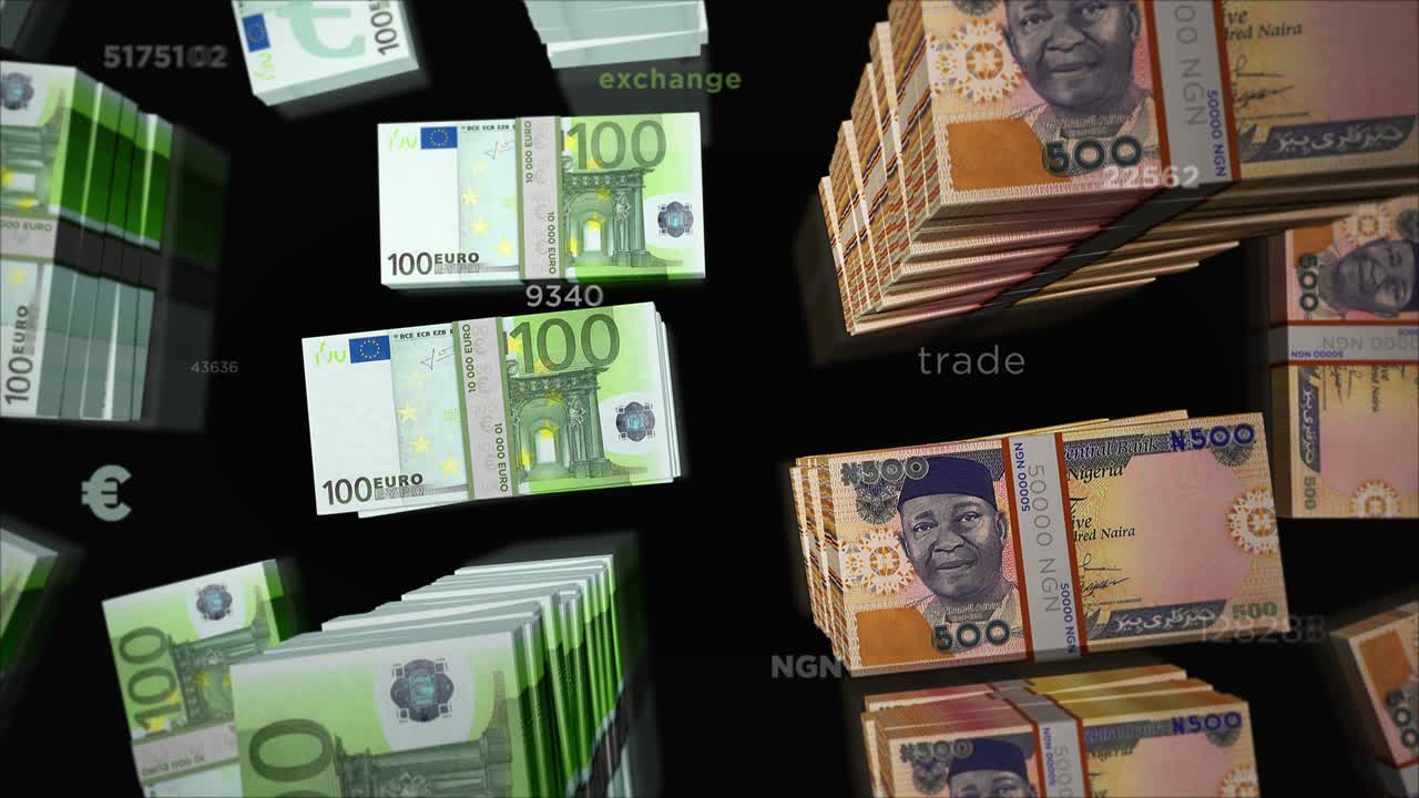 유로와 나이지리아 나이라 화폐 교환 루프 애니메이션