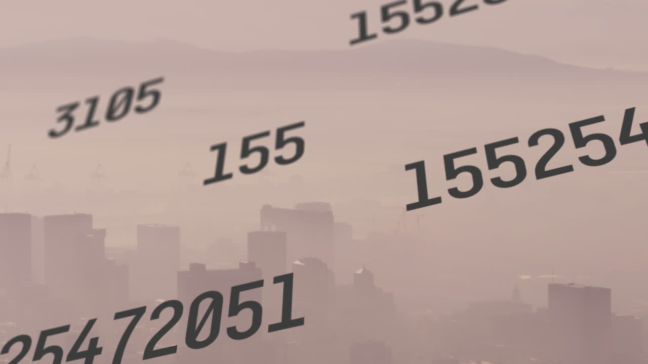 анимация чисел, обработка финансовых данных над городским пейзажем