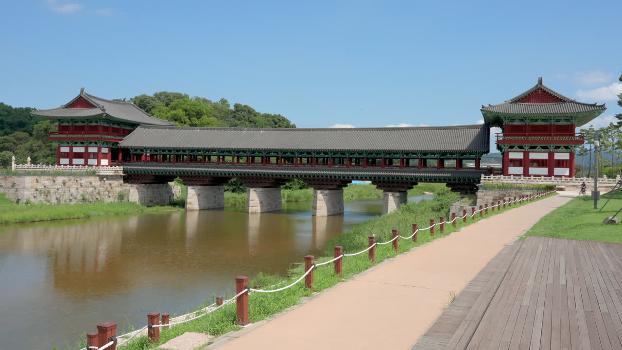 Woljeonggyo Bridge and Namcheon Stream Daytime in Summer Gyeongju-si, Gyeongsangbuk-do, South Korea - wide angle