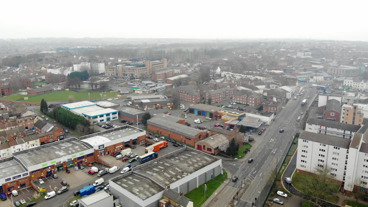 Aerial - An industrial places in large market town in Northampton, a cold day with a view from the sky in East Midlands of England, United Kingdom, Europe
