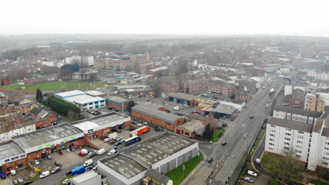 aerial - an industrial places in large market town in northampton, a cold day with a view from the sky in east midlands of england, united kingdom, europe