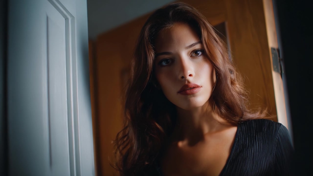 An Intriguing Glimpse: A Close-Up Portrait Captures the Ethereal Beauty of a Woman Framed in Doorway Light, Merging Shadows and Expression in a Captivating Composition