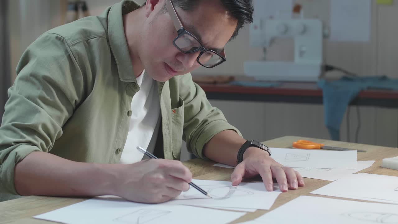 아시안 남자 디자이너가 사무실에서 레이아웃 채권에 손 가방을 스케치하는 클로즈업