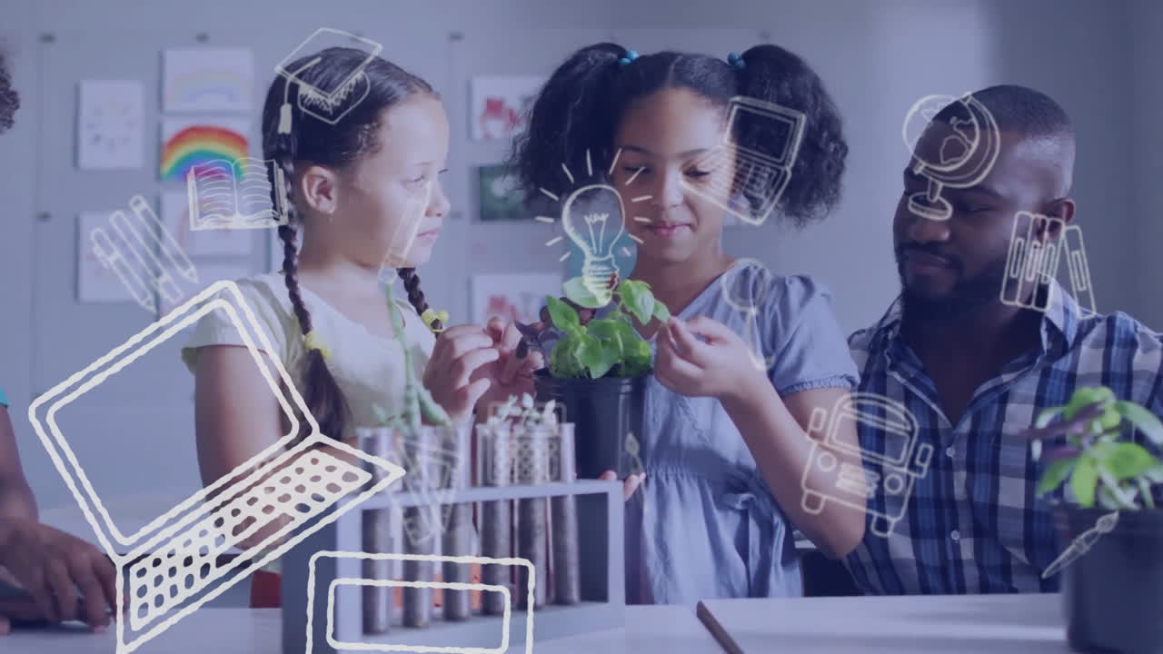 Animation of school items icons over happy diverse male teacher with students at garden class