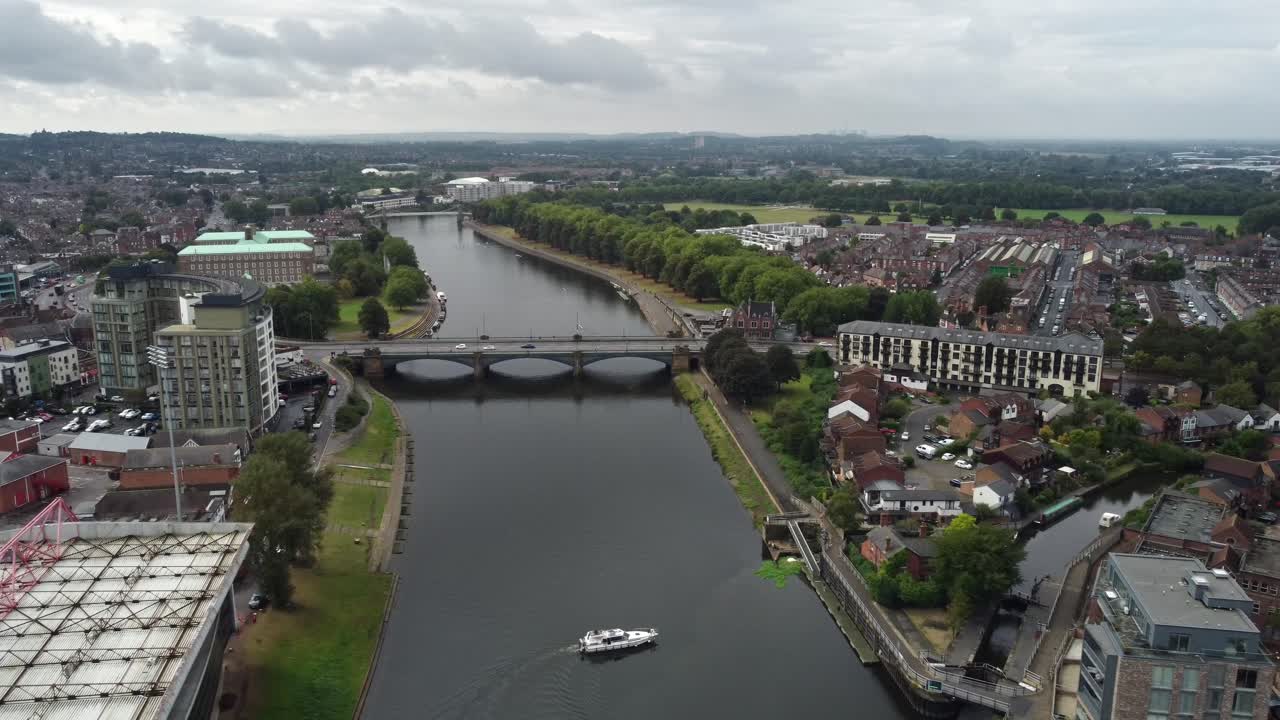 The River Trent in Nottingham City centre is captured by a drone on a cloudy summers day. London Road vehicle bridge is seen as well as the start of the Nottingham Canal.
