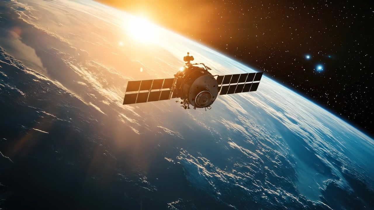 Satellit i kredsløb over Jorden ved solopgang