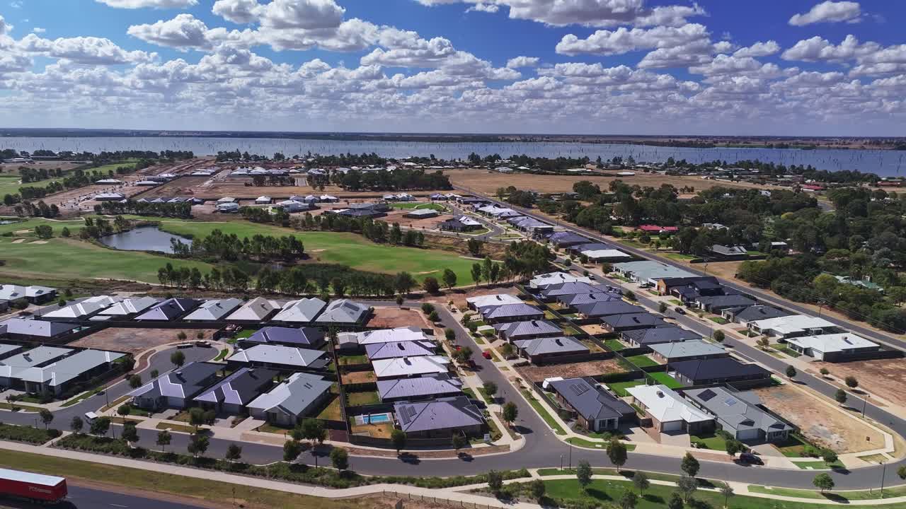 Aerial view of a new housing development near a golf course in Yarrawonga Victoria Australia