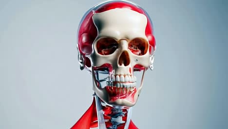 un cráneo humano con músculos resaltados en rojo y blanco