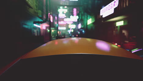 night city street view with neon lights and a car