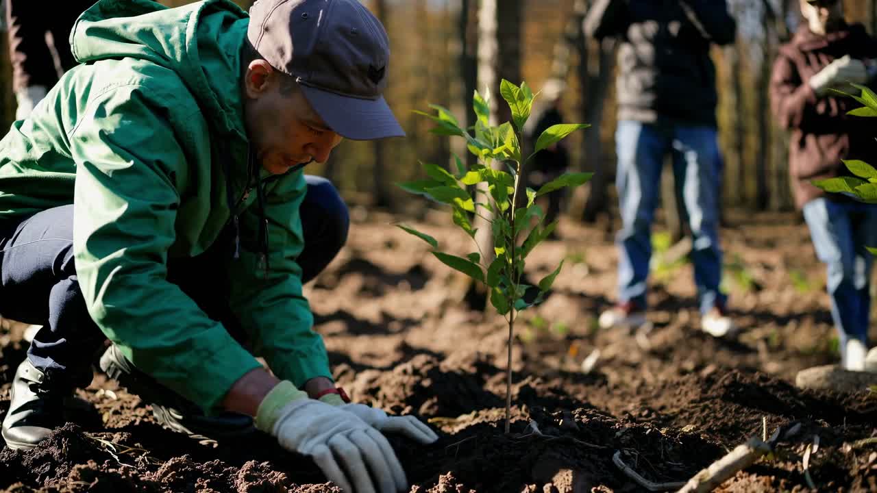 Um frame de vídeo mostra uma pessoa plantando uma muda em uma floresta