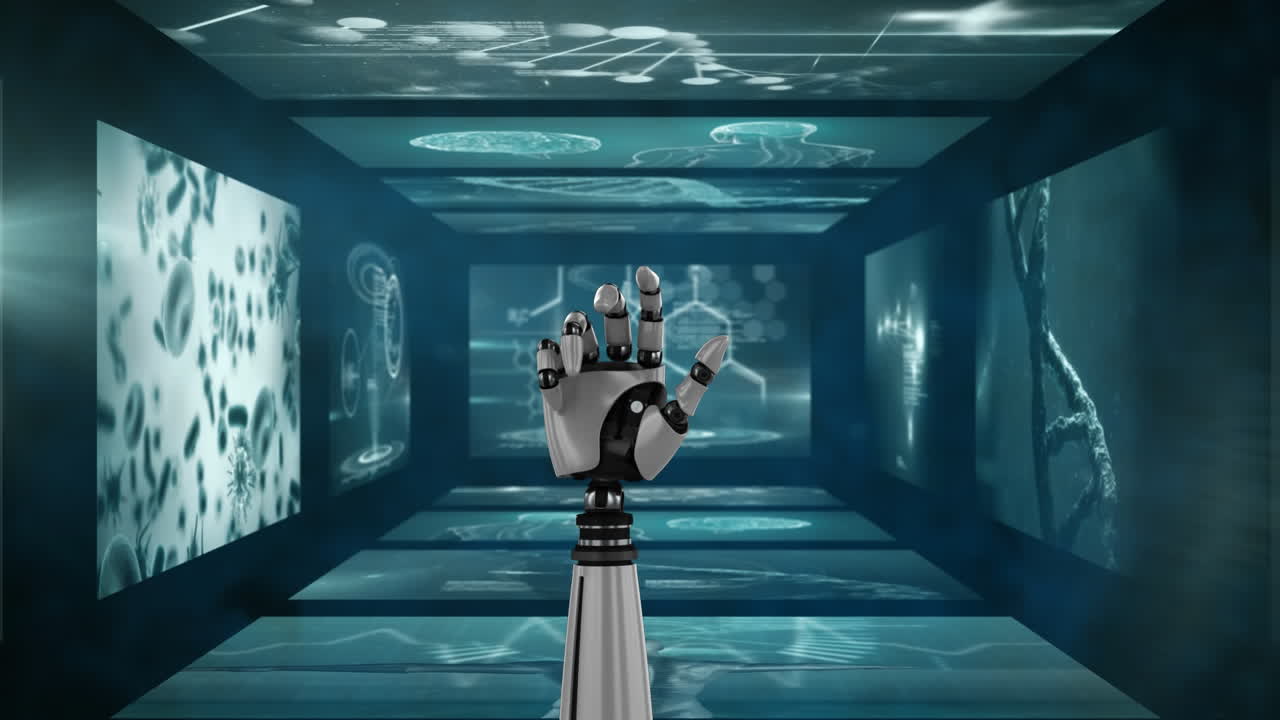 video generado digitalmente de la mano robótica y el procesamiento de datos médicos