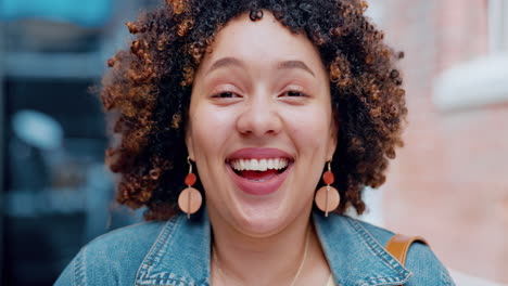 woman, afro or wow face with hands in city