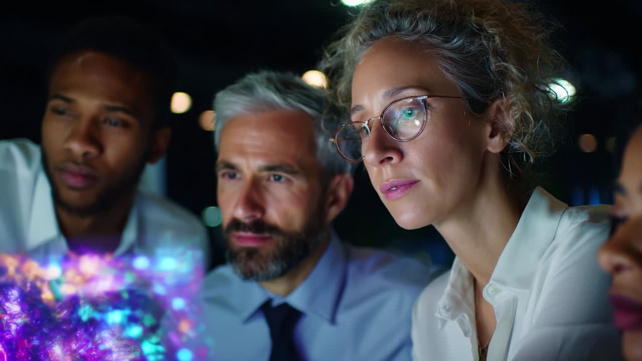 Collaborative Focus: A Group of Professionals Analyzing Vibrant Data Visualizations in a Dimly Lit Environment, Capturing the Essence of Teamwork and Innovative Ideas in Digital Analysis