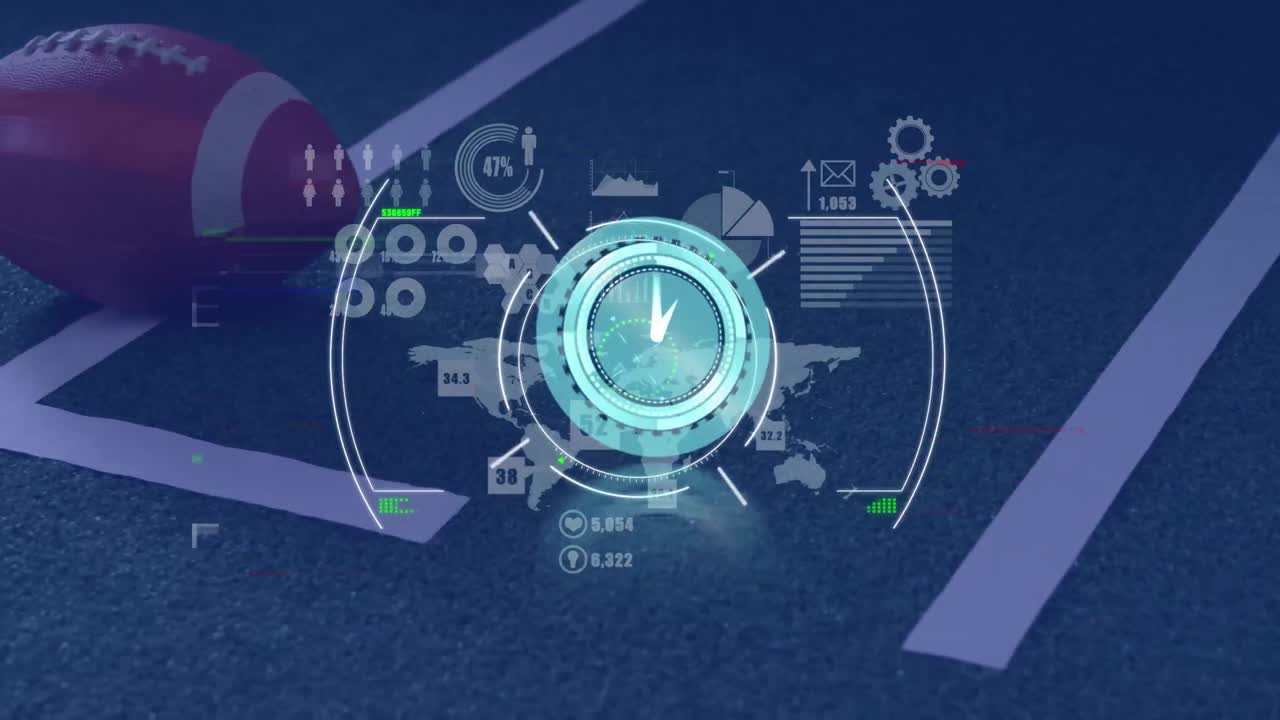 Animation of data processing over rugby ball at sports stadium