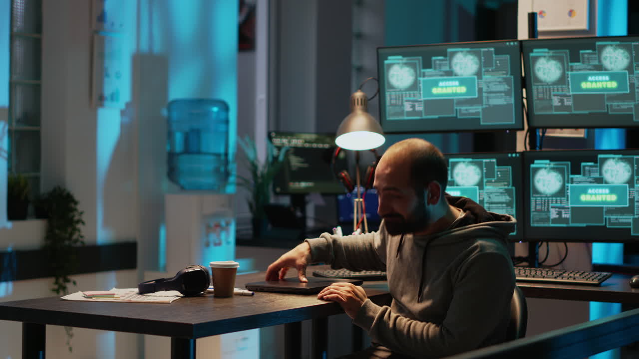 Hacker working on cybersecurity in a dark office