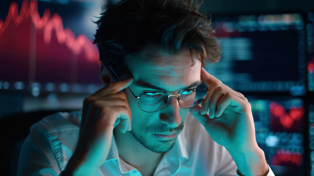 Man adjusts glasses, eyes fixed on glowing screens. Fingers press temples as he analyzes stock charts. Determined gaze shows focus during financial analysis. Perfect for tech, trading