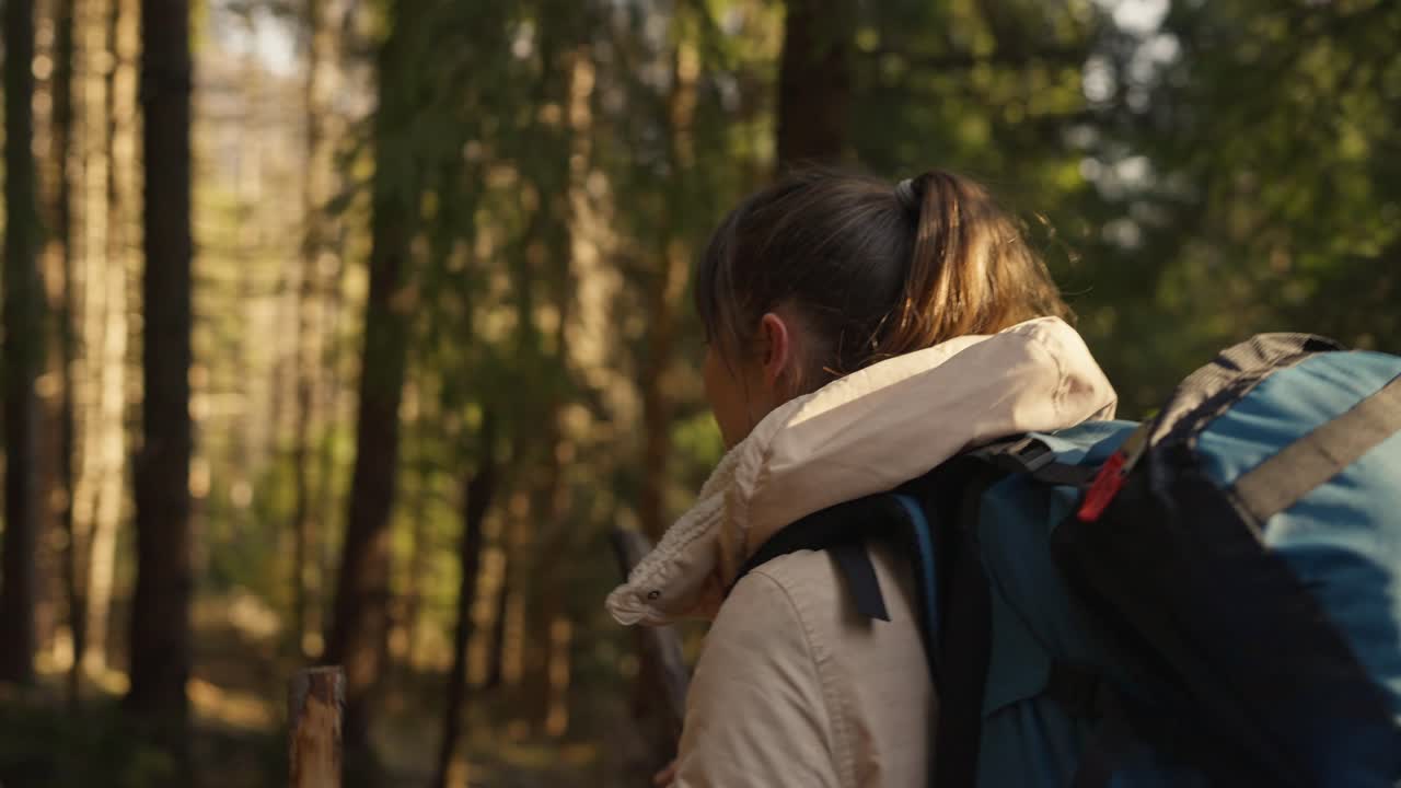 Woman hiking in the forest with a backpack