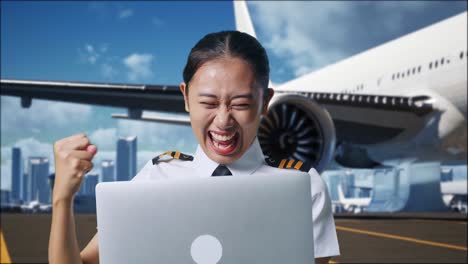 close up of asian woman pilot looking at a laptop then screaming goal celebrating while standing in airfield with airplane on background