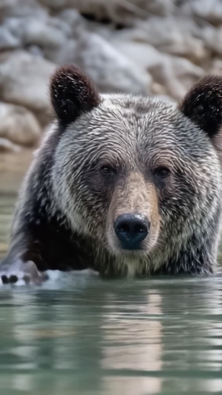 Un orso grizzly si aggira nelle acque calme, catturando l'essenza della natura selvaggia e la maestosità della natura in uno straordinario dettaglio ravvicinato.