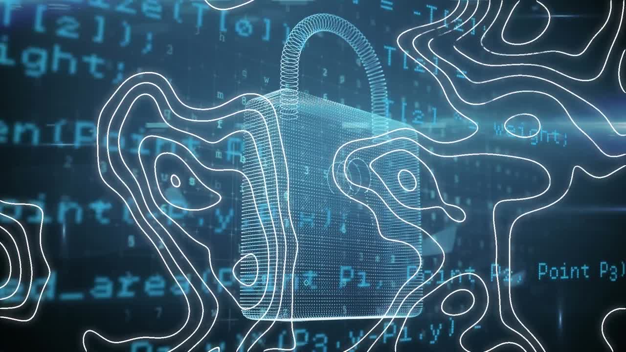 Animation of digital padlock over isohypses and data processing on navy background