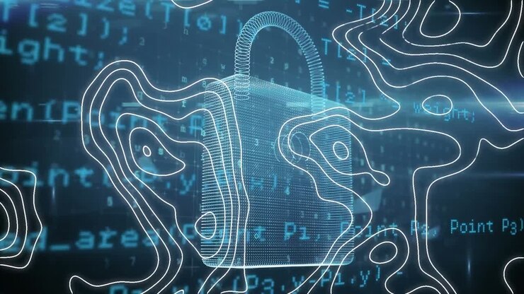Animation of digital padlock over isohypses and data processing on navy background