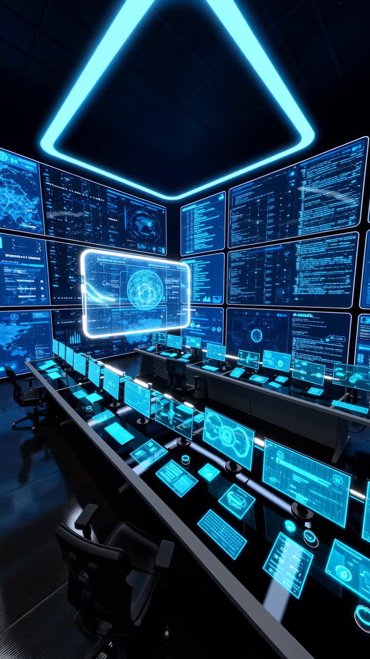 High-Tech Cybersecurity Command Center with Blue Holographic Displays