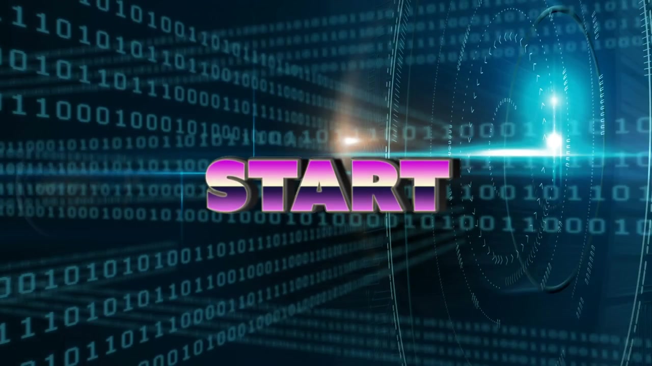Animation of start over binary code and lights on black background
