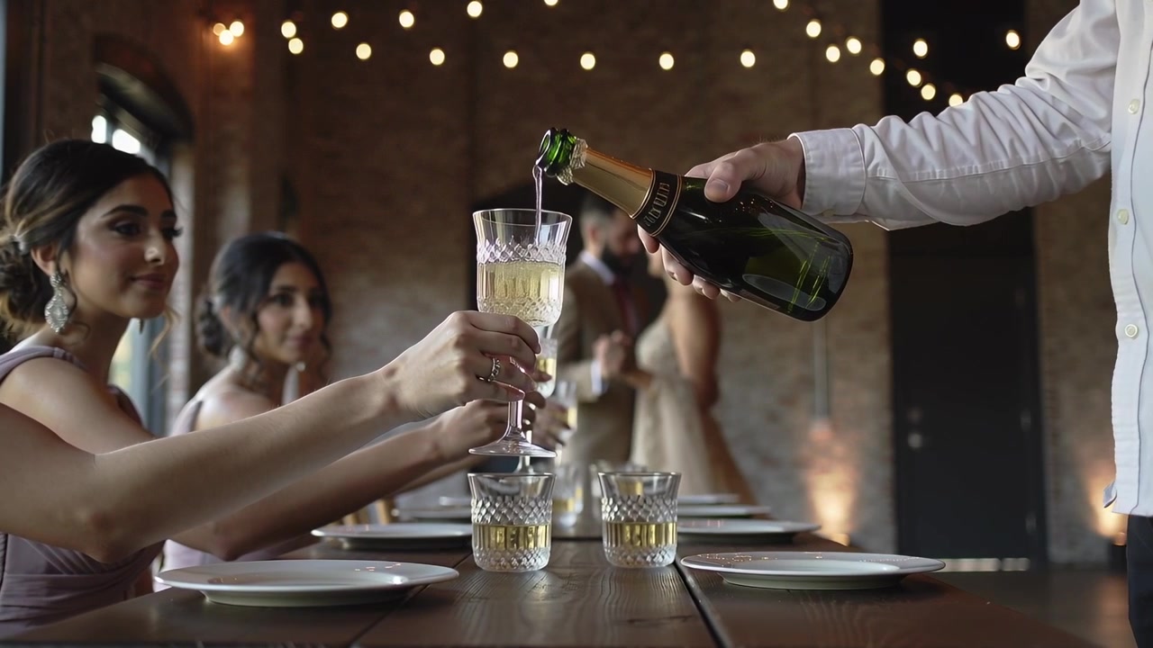 Calici che si allungano, damigelle in color malva che guidano il cameriere che inclina la bottiglia di champagne per il brindisi di nozze in un loft