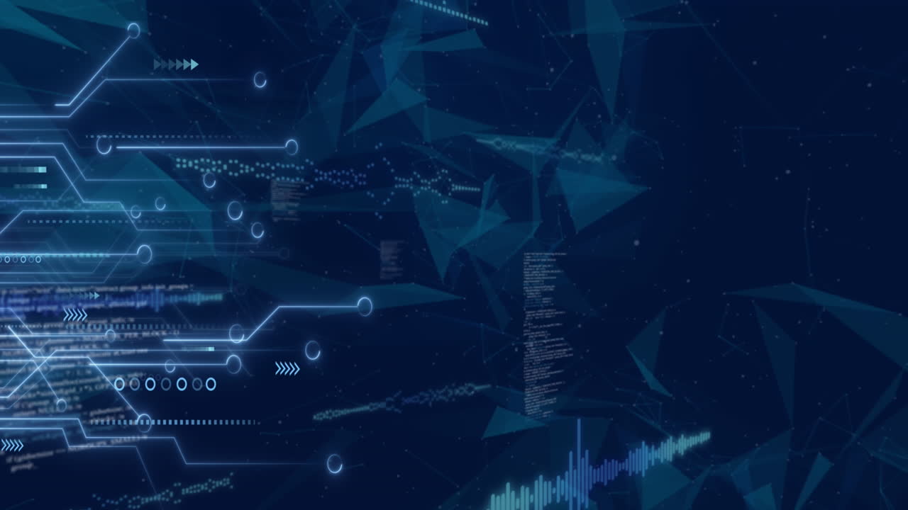 Animation of data processing and shapes on blue background