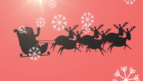 Digital-animation-of-snowflakes-falling-over-black-silhouette-of-santa-claus-in-sleigh