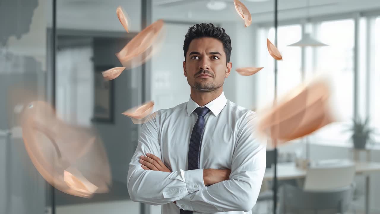 Forme color rame che entrano nell'inquadratura, uomo che sposta lo sguardo in un ufficio con vetrate, camicia bianca e cravatta scura