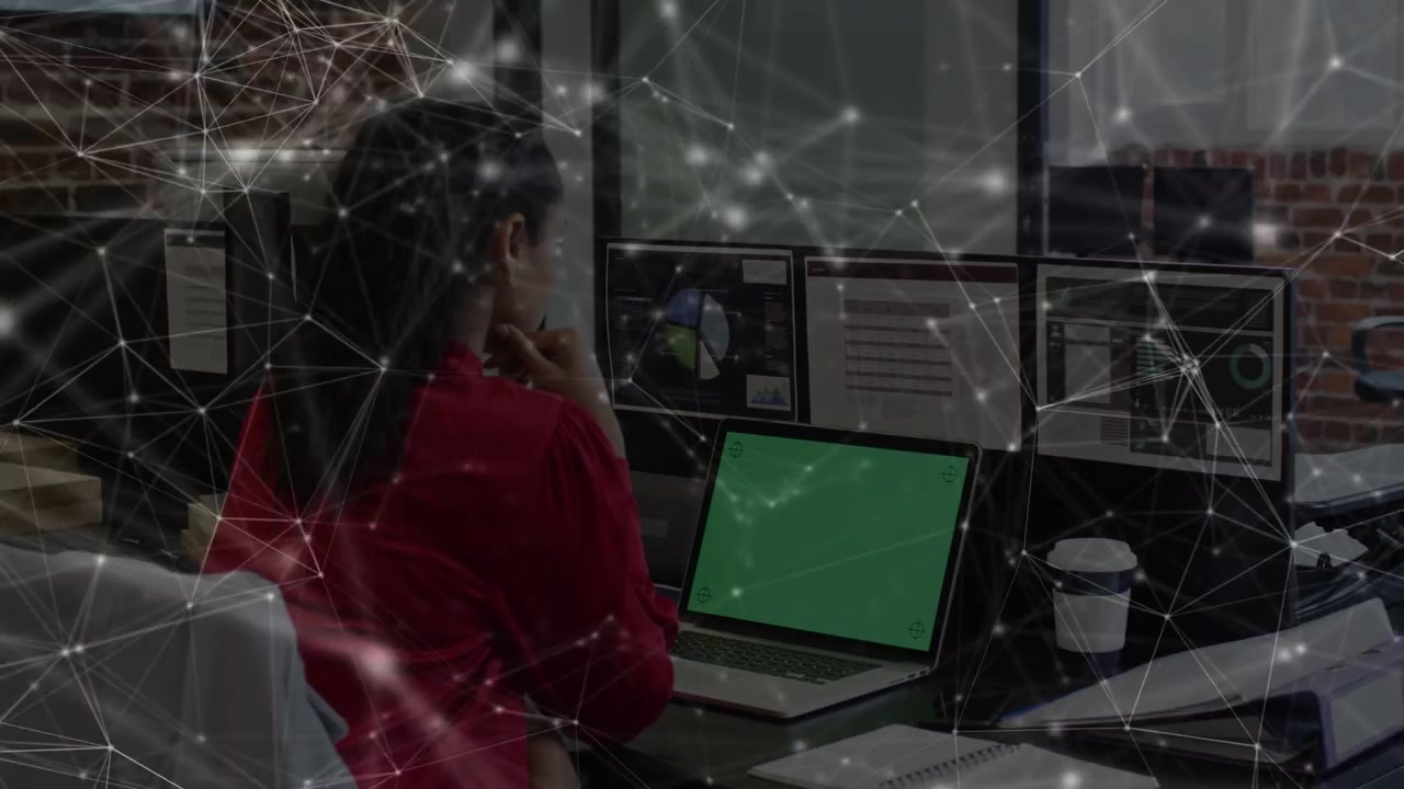 Female analyst reading screens in finance, chart update driving review, net mesh partly hiding view