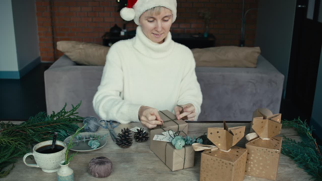 Woman Wrapping Christmas Gifts at Home