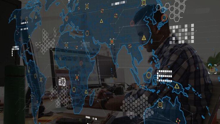 Man typing on laptop, causing map overlay with hex grids warnings tracking network data over Asia