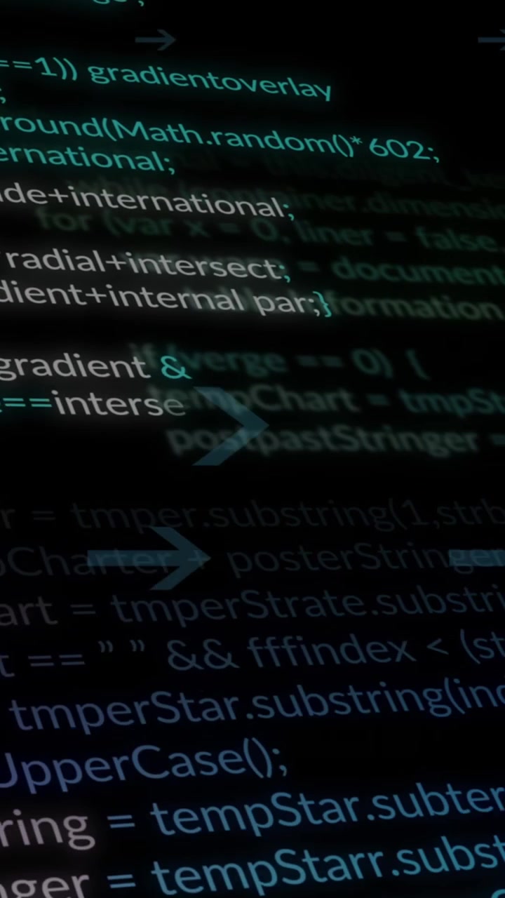 Animation of computer language over looping arrows against black background