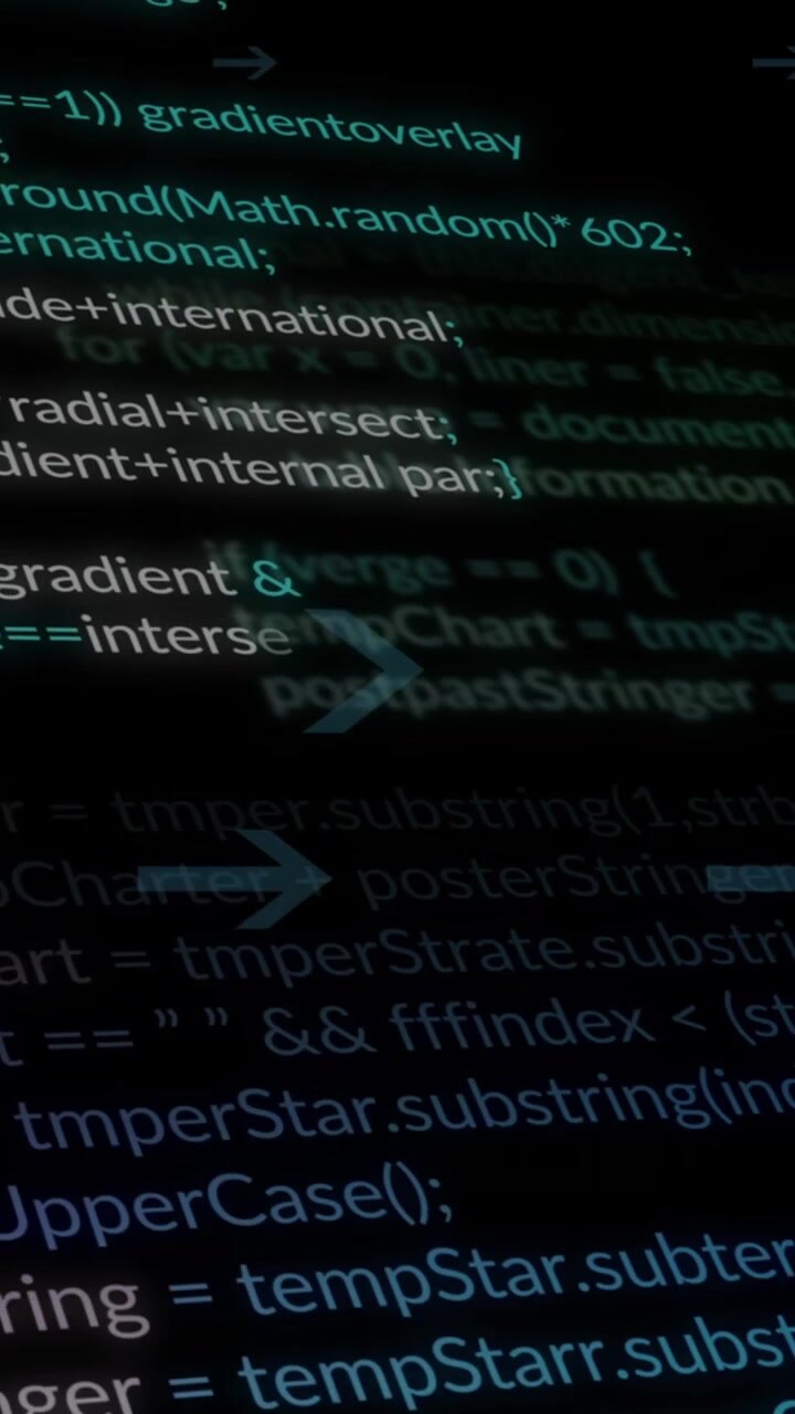 Animation von Computersprache über sich wiederholenden Pfeilen auf schwarzem Hintergrund.