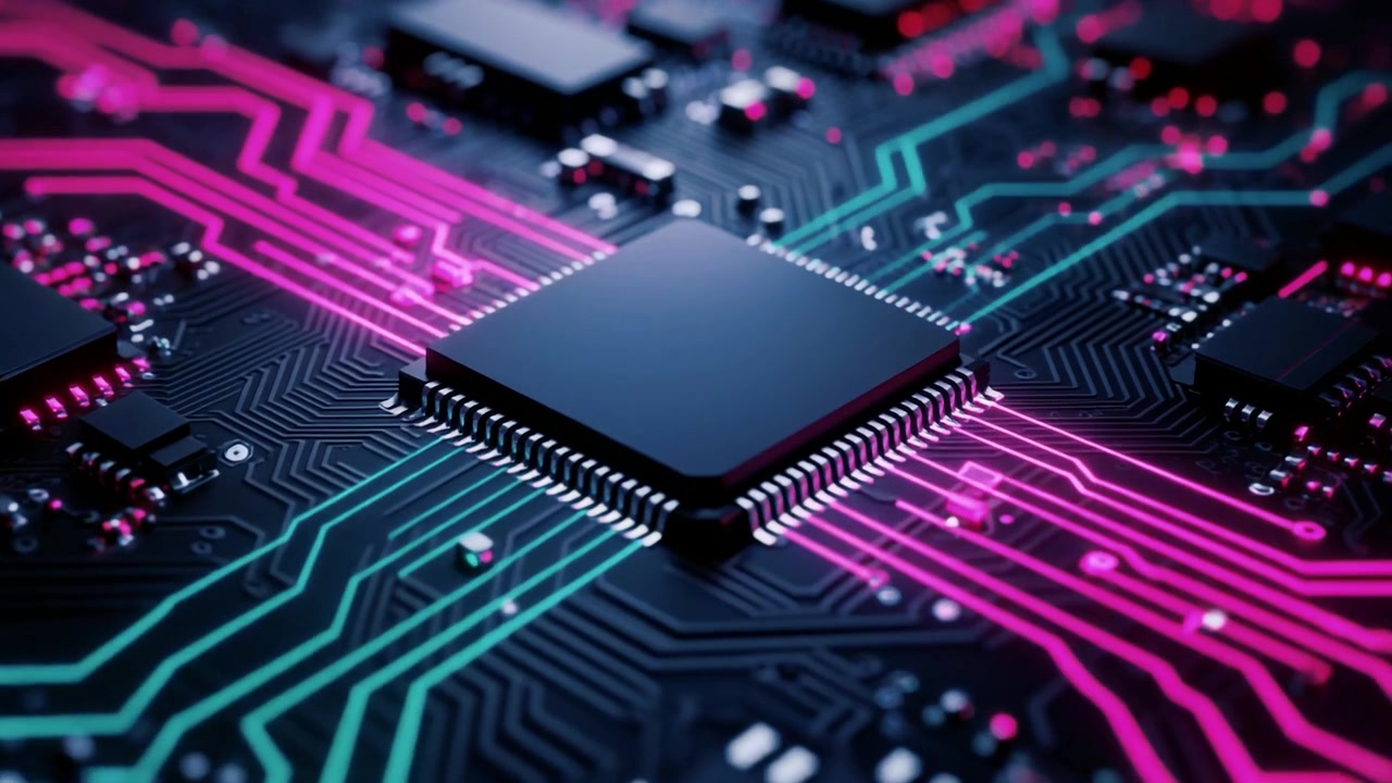 Digital Circuit Board with Pulsing Neon Data Flow