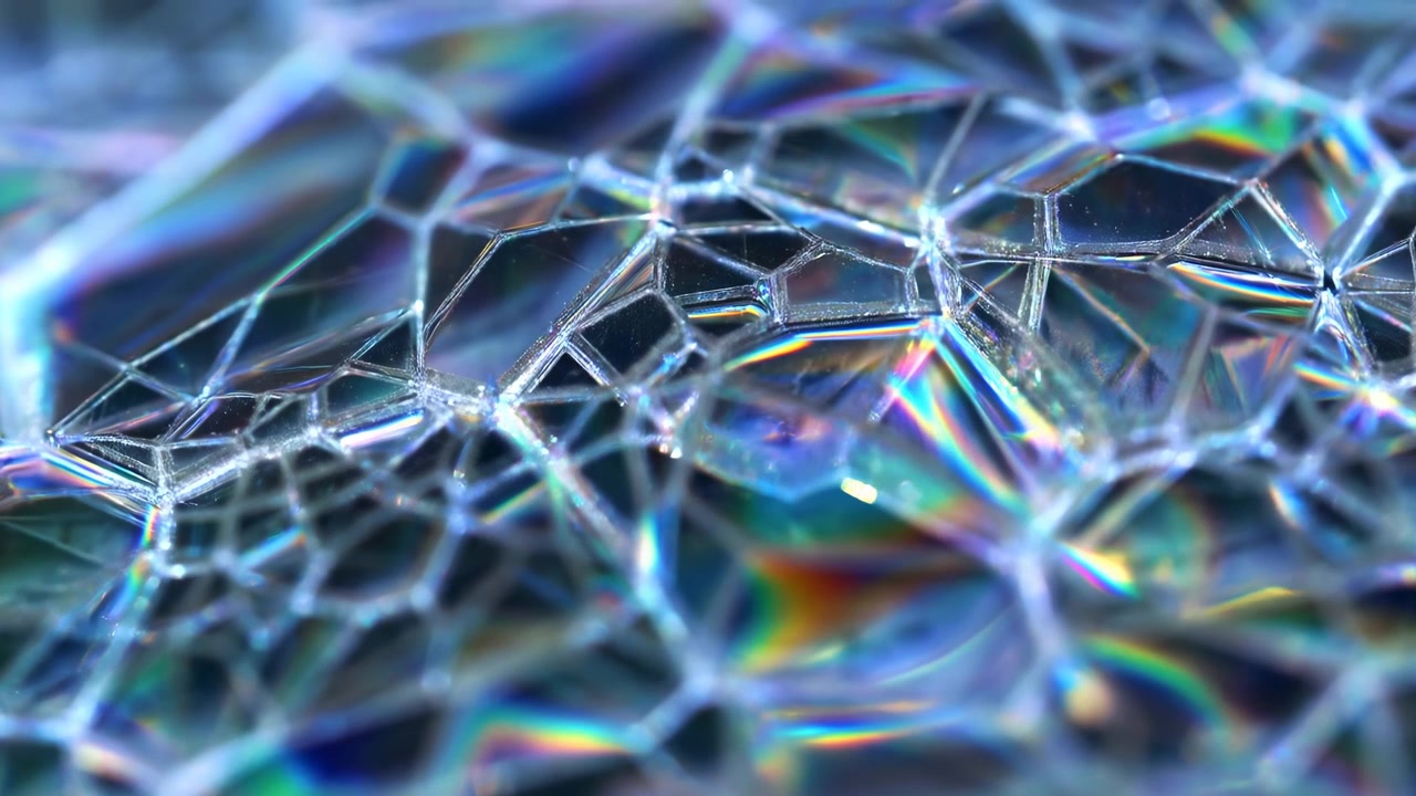 Iridescent Blue Soap Bubble Geometry Macro, Delicate Prism Reflections And Hexagonal Film Edges Produce Cool