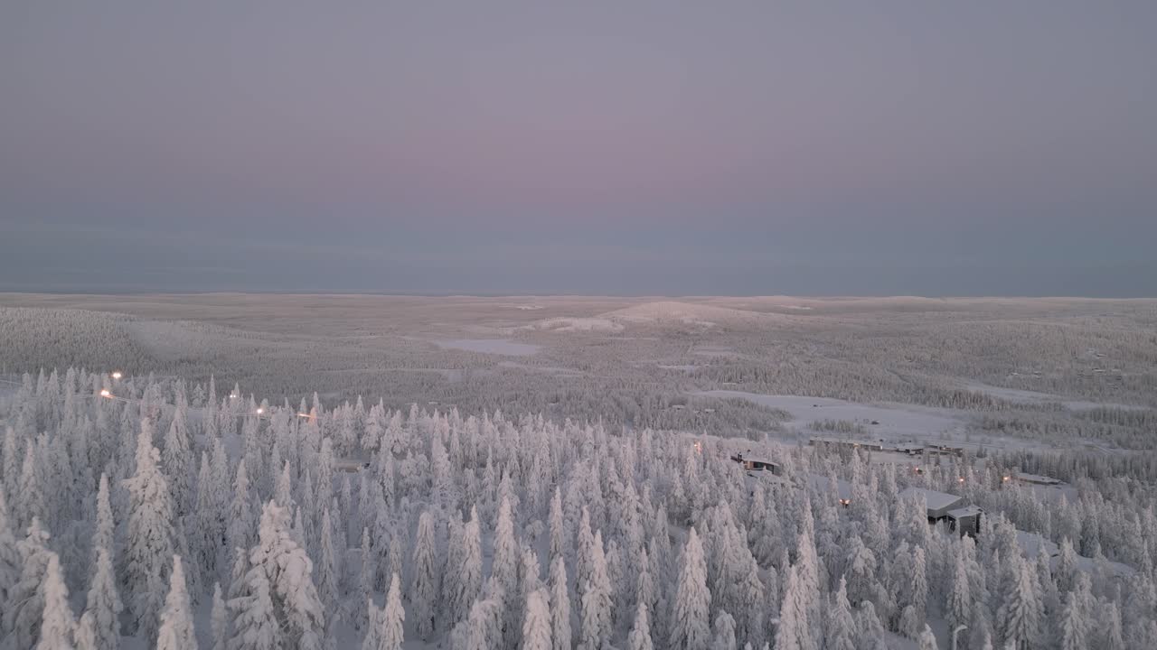 Aerial winter pink sunset in Lapland. Snowy trees and few cabins visible