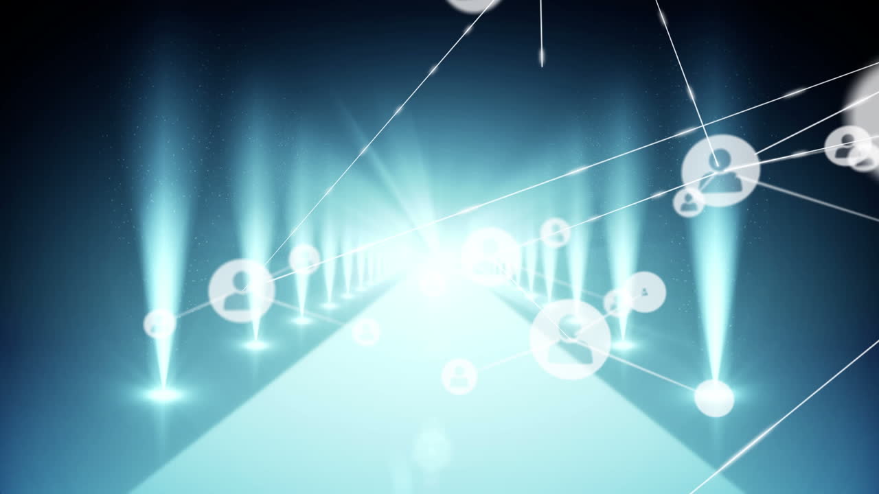 어두운 배경 위에 아이콘으로 연결 네트워크의 애니메이션