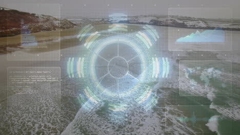 digital hud overlay floating over coastal aerial view in flat design with grid panels and graphs