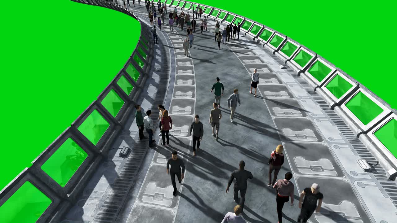 3d people in sci-fi tunnel: 교통, 미래의 개념, 그린 스크린 영상, 현실적인 4k 애니메이션