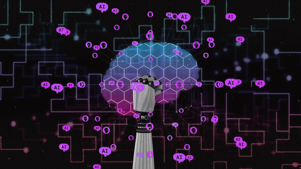 animación del procesamiento de datos de la ia sobre el brazo del robot, el cerebro humano y el fondo oscuro